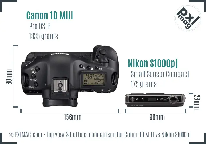 Canon 1D MIII vs Nikon S1000pj top view buttons comparison