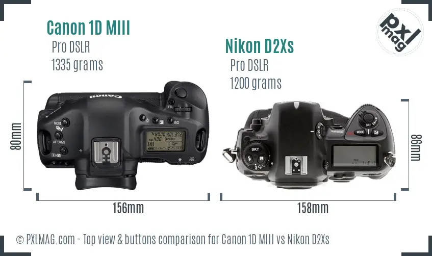 Canon 1D MIII vs Nikon D2Xs top view buttons comparison