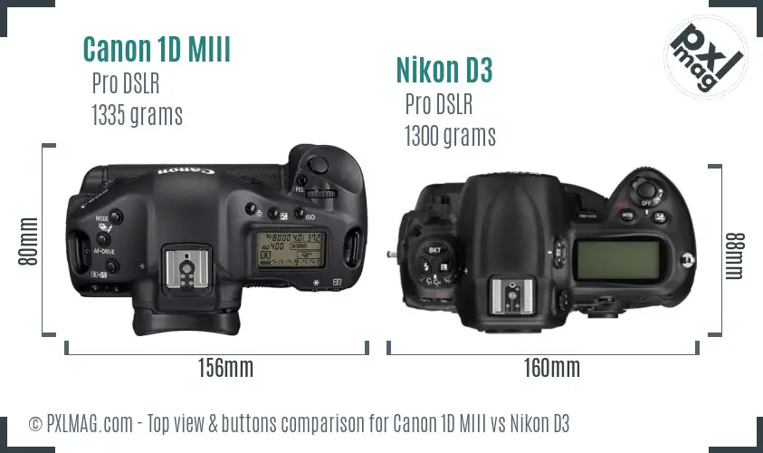Canon 1D MIII vs Nikon D3 top view buttons comparison