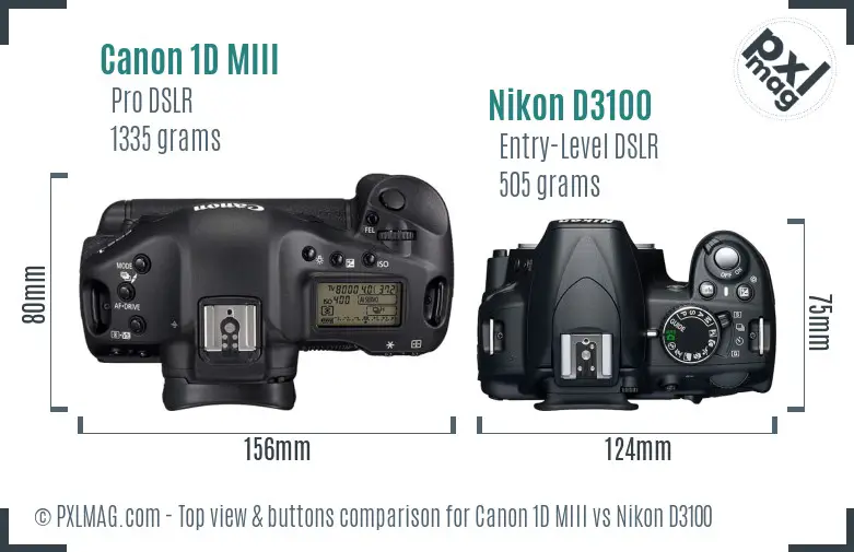 Canon 1D MIII vs Nikon D3100 top view buttons comparison Canon 1D MIII vs Nikon D3100 top view buttons comparison