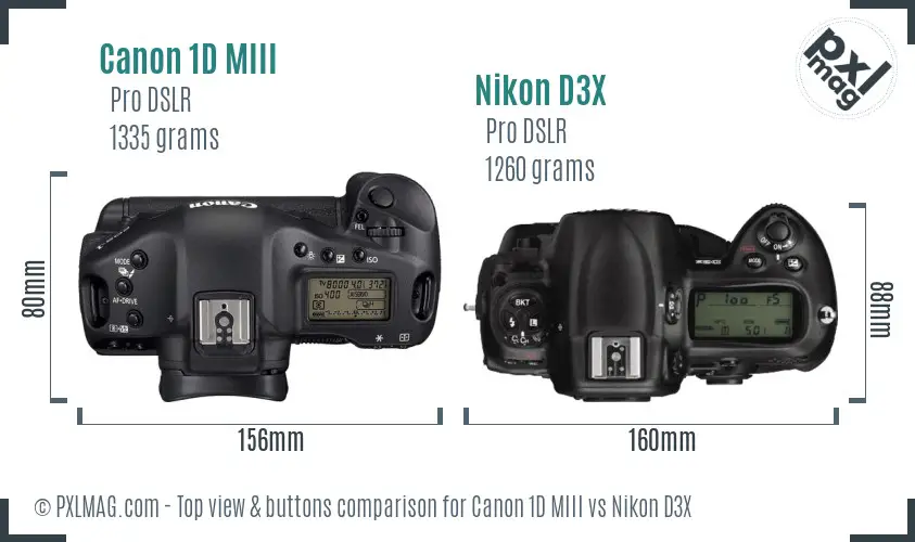 Canon 1D MIII vs Nikon D3X top view buttons comparison