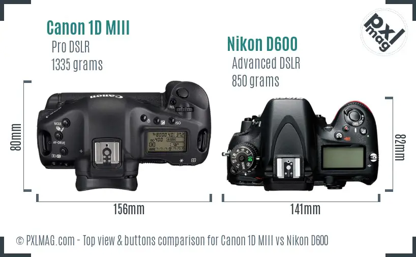 Canon 1D MIII vs Nikon D600 top view buttons comparison