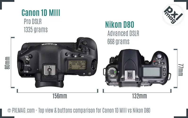 Canon 1D MIII vs Nikon D80 top view buttons comparison Canon 1D MIII vs Nikon D80 top view buttons comparison