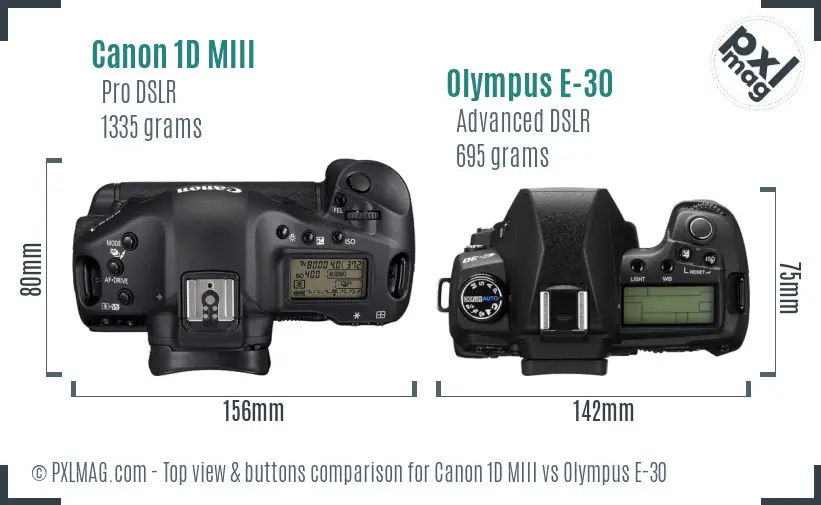 Canon 1D MIII vs Olympus E-30 top view buttons comparison