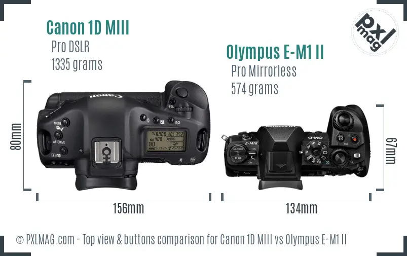 Canon 1D MIII vs Olympus E-M1 II top view buttons comparison