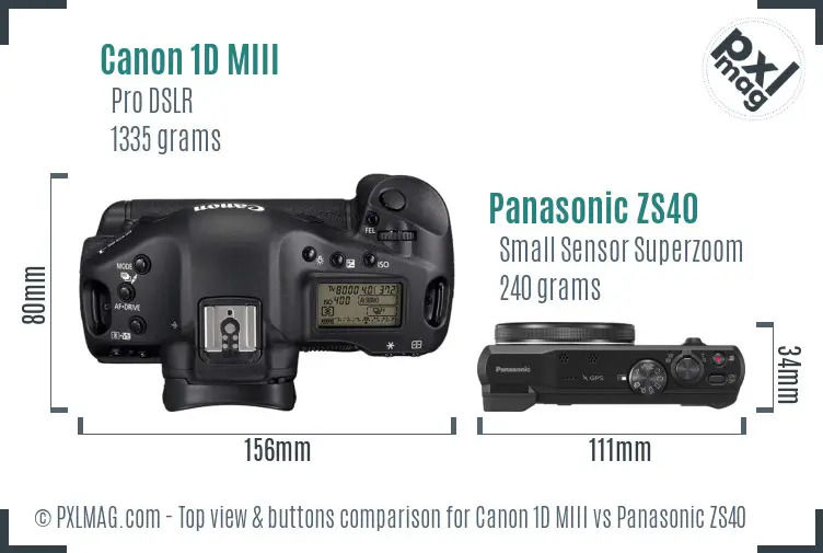Canon 1D MIII vs Panasonic ZS40 top view buttons comparison