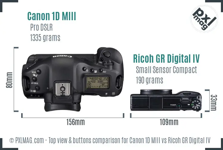Canon 1D MIII vs Ricoh GR Digital IV top view buttons comparison