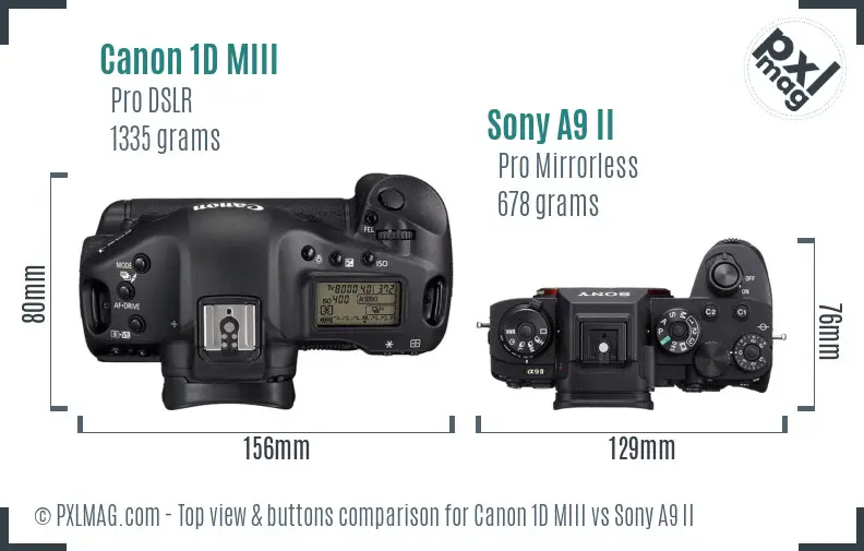 Canon 1D MIII vs Sony A9 II top view buttons comparison