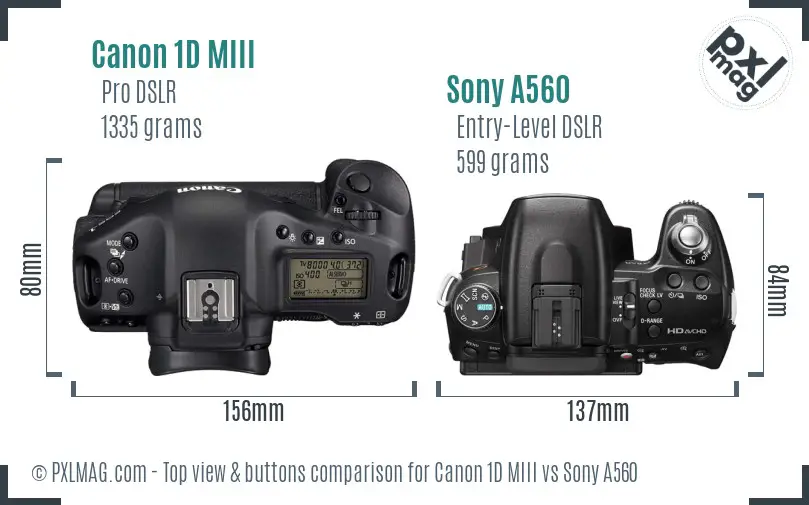 Canon 1D MIII vs Sony A560 top view buttons comparison
