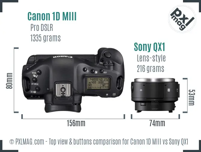 Canon 1D MIII vs Sony QX1 top view buttons comparison