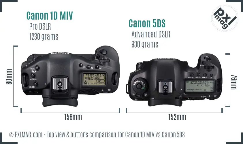 Top view of Canon 1D Mark IV and Canon 5DS showing control layout