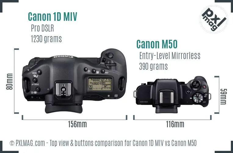 Canon 1D MIV vs Canon M50 top view buttons comparison Canon 1D MIV vs Canon M50 top view buttons comparison