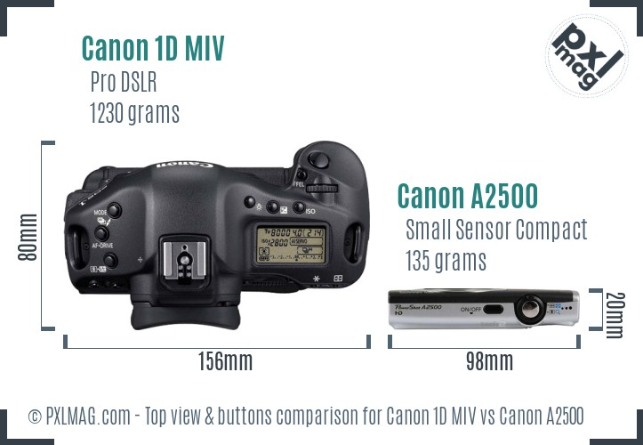 Canon 1D MIV vs Canon A2500 top view buttons comparison
