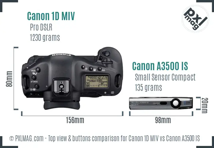 Canon 1D MIV vs Canon A3500 IS top view buttons comparison
