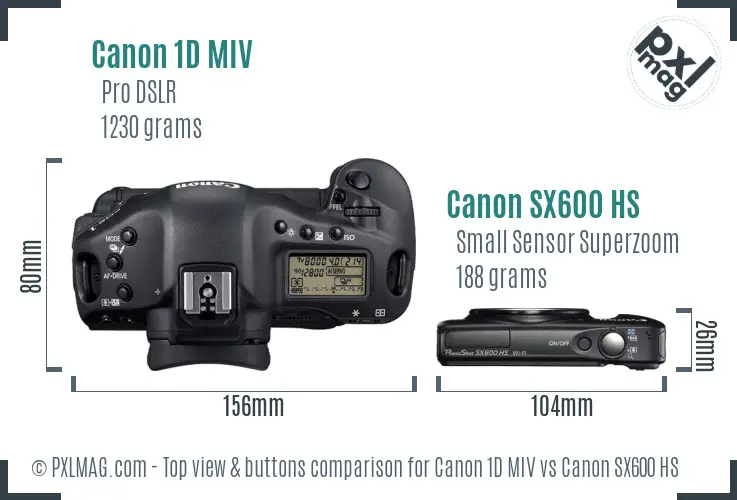Canon 1D MIV vs Canon SX600 HS top view buttons comparison Canon 1D MIV vs Canon SX600 HS top view buttons comparison