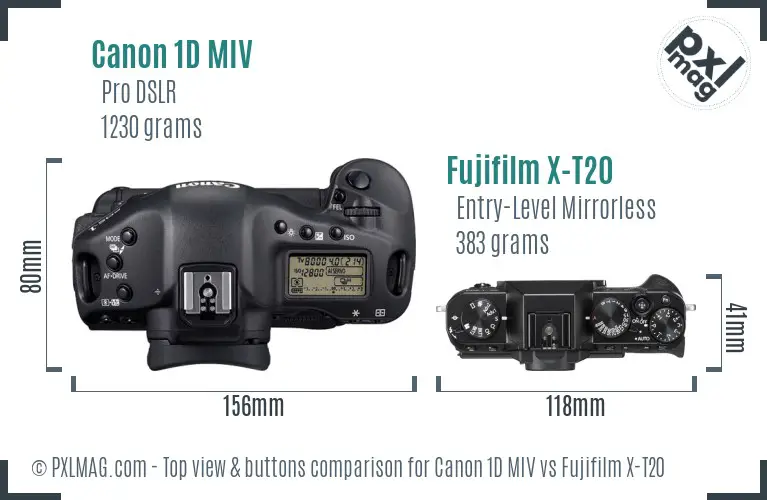 Canon 1D MIV vs Fujifilm X-T20 top view buttons comparison
