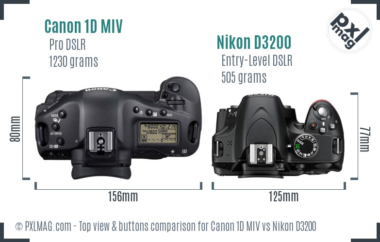 Canon 1D MIV vs Nikon D3200 top view buttons comparison