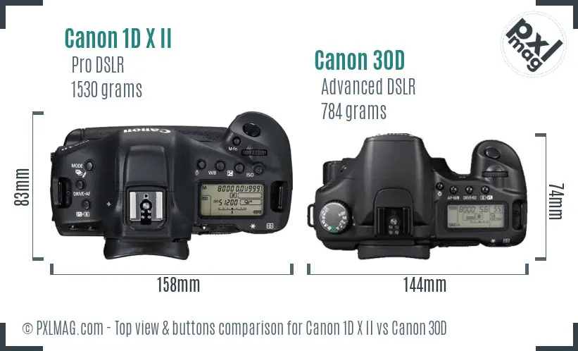 Canon 1D X II vs Canon 30D top view buttons comparison