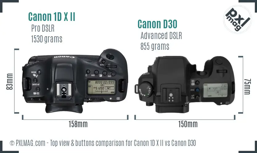 Canon 1D X II vs Canon D30 top view buttons comparison