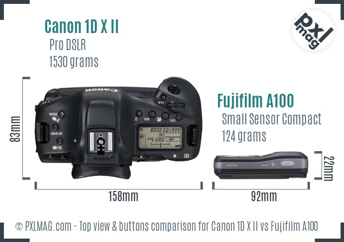 Canon 1D X II vs Fujifilm A100 top view buttons comparison