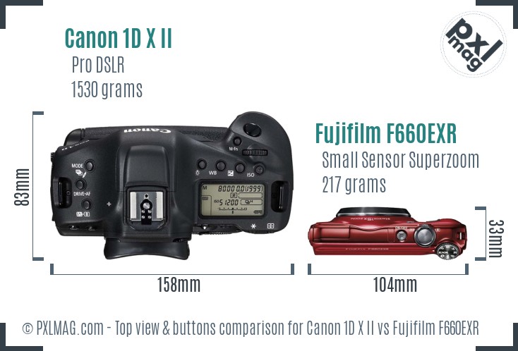 Canon 1D X II vs Fujifilm F660EXR top view buttons comparison