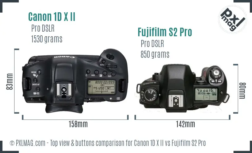 Canon 1D X II vs Fujifilm S2 Pro top view buttons comparison