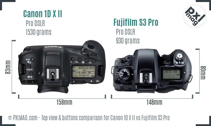 Canon 1D X II vs Fujifilm S3 Pro top view buttons comparison