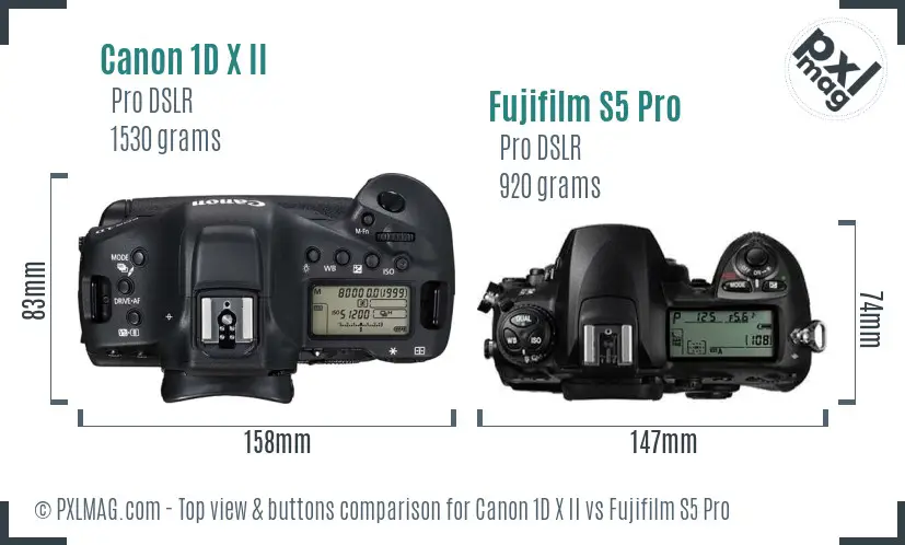 Canon 1D X II vs Fujifilm S5 Pro top view buttons comparison