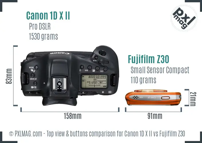 Canon 1D X II vs Fujifilm Z30 top view buttons comparison