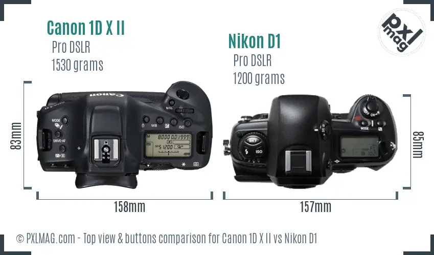 Canon 1D X II vs Nikon D1 top view buttons comparison