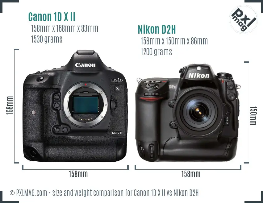 Canon 1D X II vs Nikon D2H size comparison