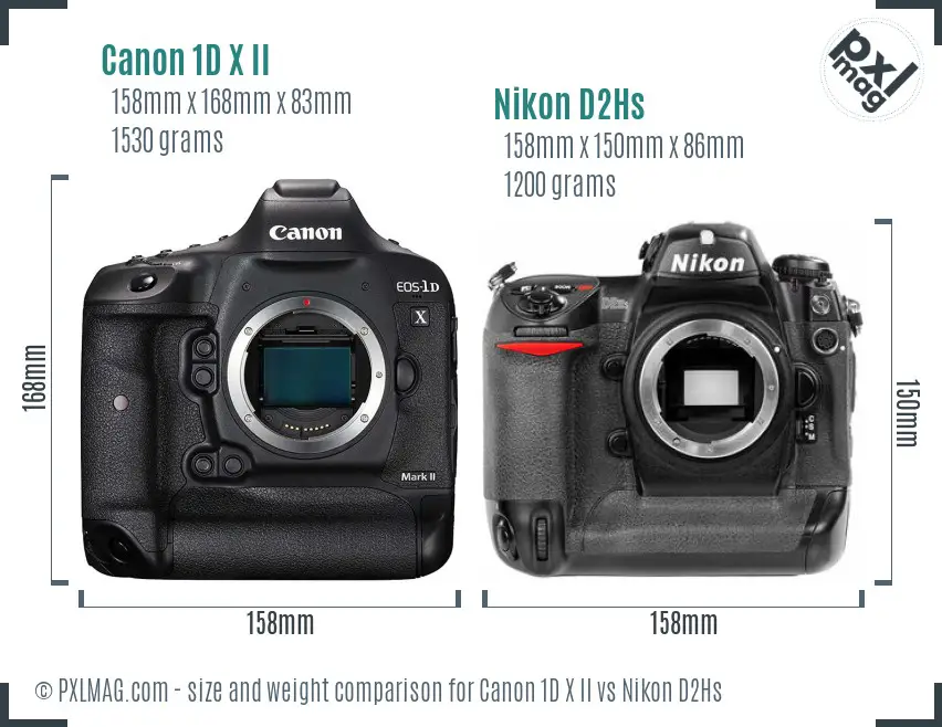 Canon 1D X II vs Nikon D2Hs size comparison