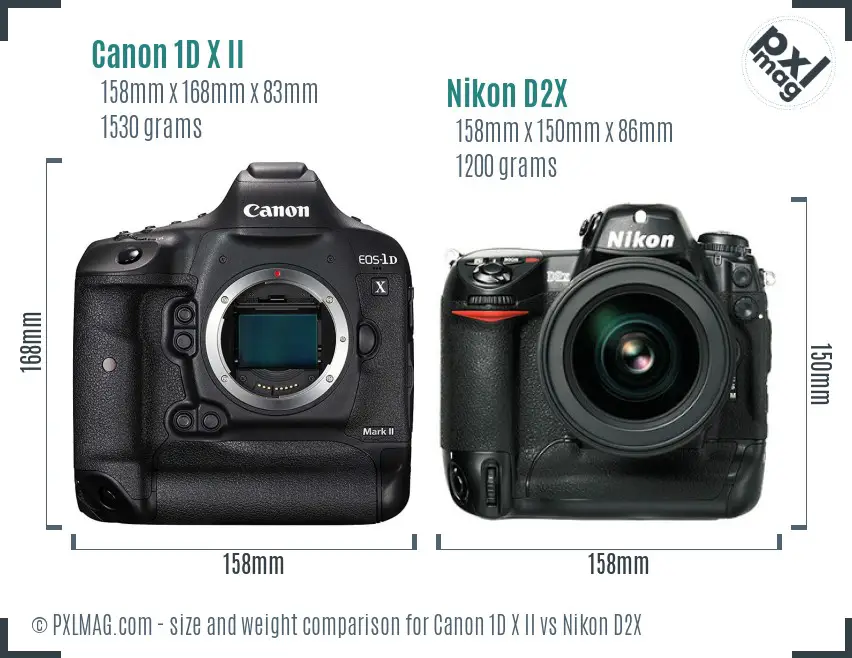 Canon 1D X II vs Nikon D2X size comparison