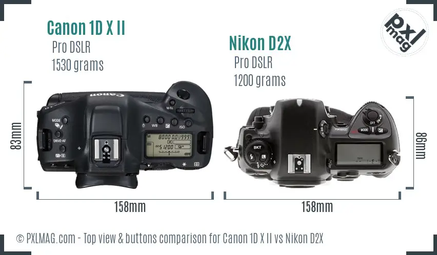 Canon 1D X II vs Nikon D2X top view buttons comparison