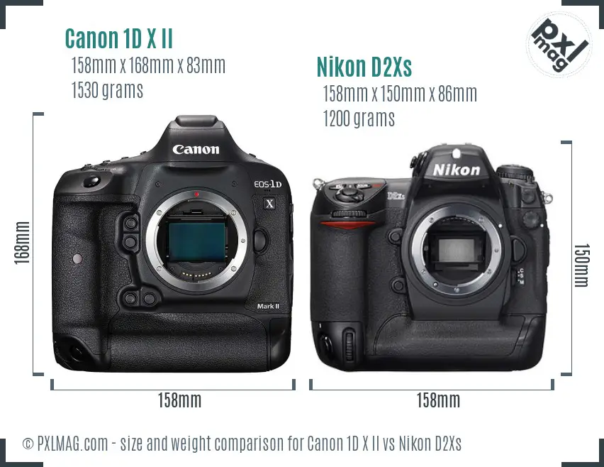 Canon 1D X II vs Nikon D2Xs size comparison