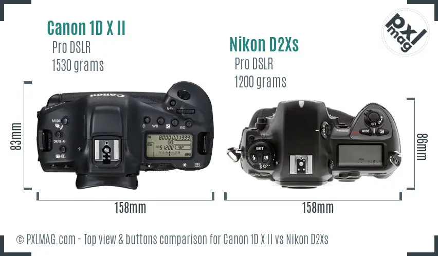 Canon 1D X II vs Nikon D2Xs top view buttons comparison