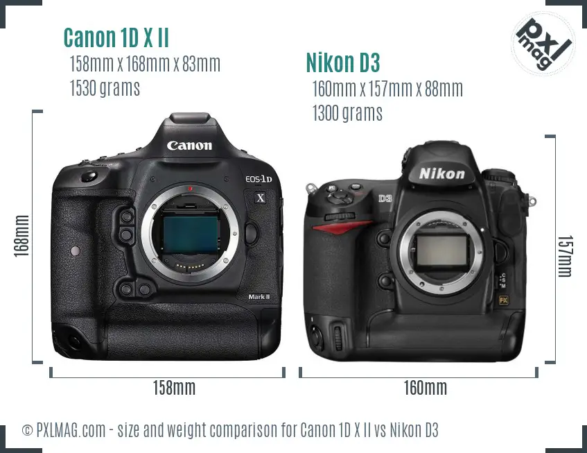 Canon 1D X II vs Nikon D3 size comparison