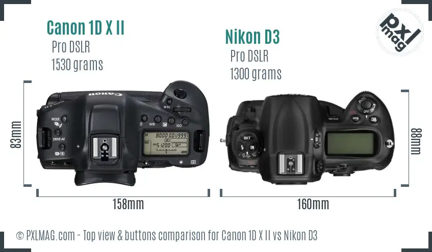 Canon 1D X II vs Nikon D3 top view buttons comparison