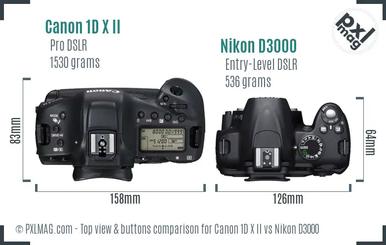 Canon 1D X II vs Nikon D3000 top view buttons comparison
