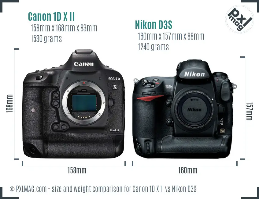 Canon 1D X II vs Nikon D3S size comparison