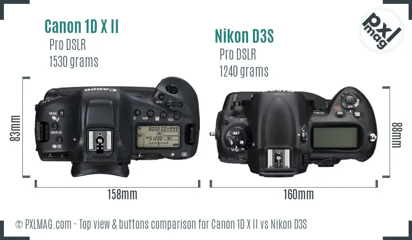 Canon 1D X II vs Nikon D3S top view buttons comparison