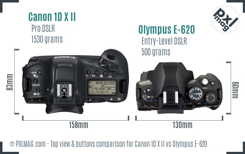 Canon 1D X II vs Olympus E-620 top view buttons comparison