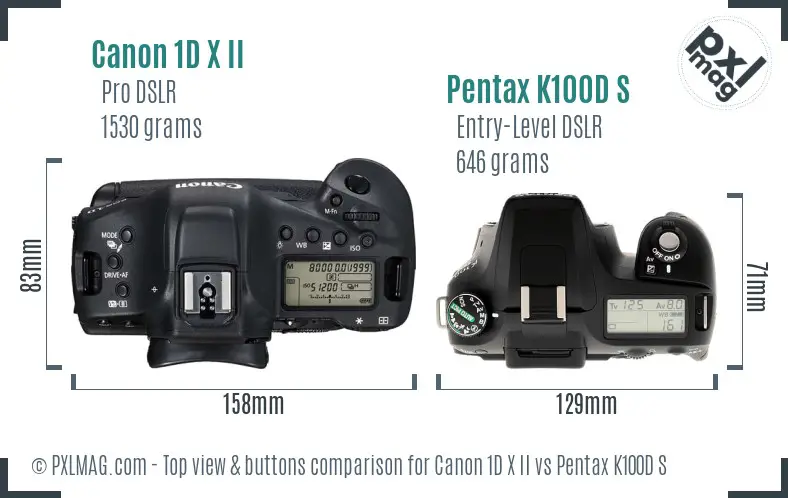 Canon 1D X II vs Pentax K100D S top view buttons comparison