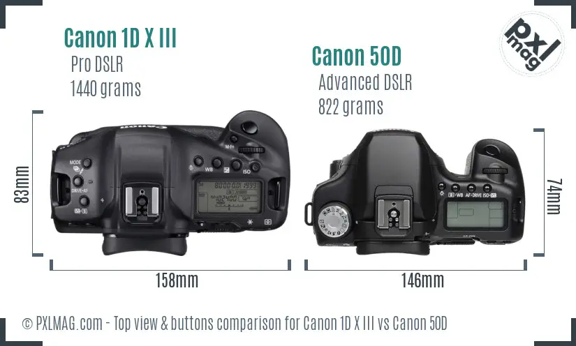 Canon 1D X III vs Canon 50D top view buttons comparison Canon 1D X III vs Canon 50D top view buttons comparison