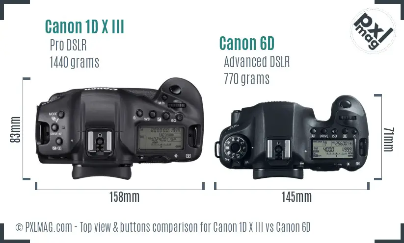 Canon 1D X III vs Canon 6D top view buttons comparison Canon 1D X III vs Canon 6D top view buttons comparison