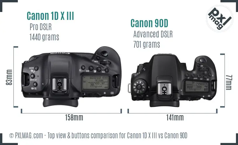 Canon 1D X III vs Canon 90D top view buttons comparison