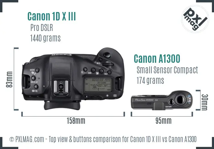 Canon 1D X III vs Canon A1300 top view buttons comparison