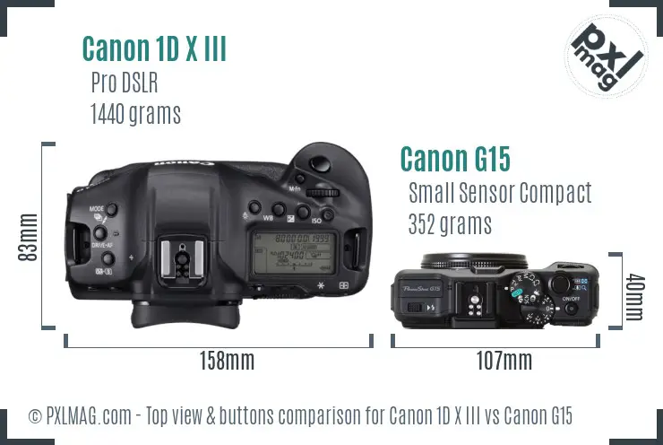 Canon 1D X III vs Canon G15 top view buttons comparison Canon 1D X III vs Canon G15 top view buttons comparison