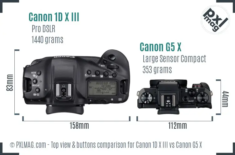 Canon 1D X III vs Canon G5 X top view buttons comparison