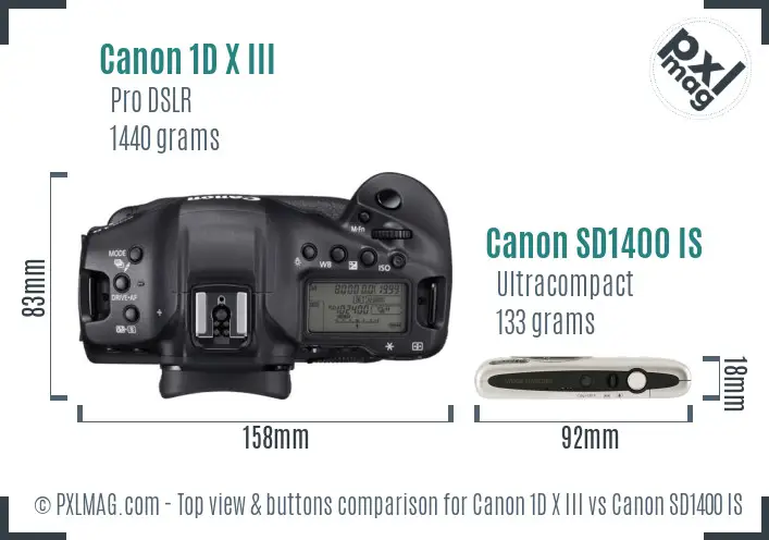 Canon 1D X III vs Canon SD1400 IS top view buttons comparison
